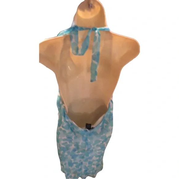 FLP Faith.Love. Fashion size 16 aqua blue & white print halter dress midi length - Picture 2 of 13